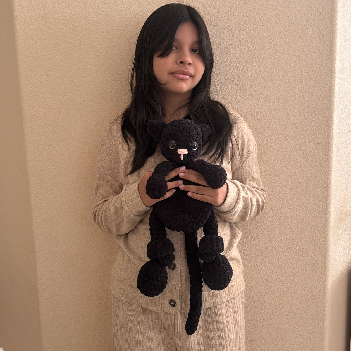 16" Soft Crochet Black Cat Snuggler Plushie Lightweight Handmade Amigurumi Lovey for Kids & Toddlers