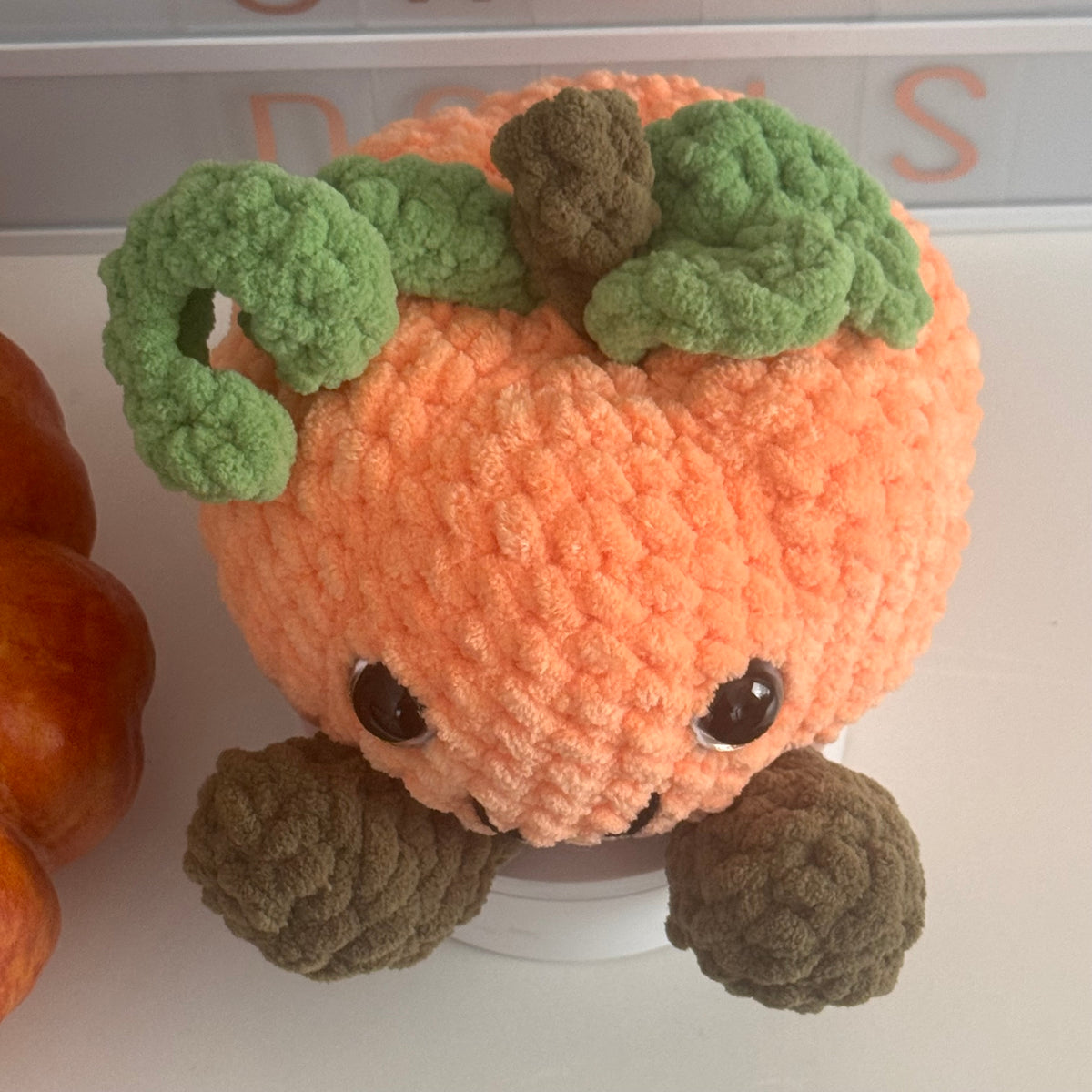 Super Soft Plush Crochet Smiling Pumpkin Stuffed Toy Handmade Fall & Thanksgiving Decor Amigurumi