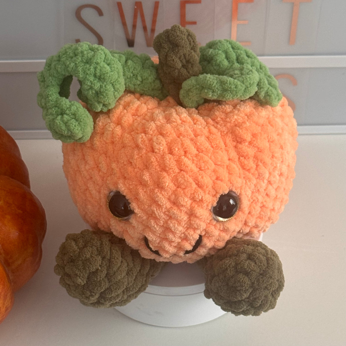 Super Soft Plush Crochet Smiling Pumpkin Stuffed Toy Handmade Fall & Thanksgiving Decor Amigurumi