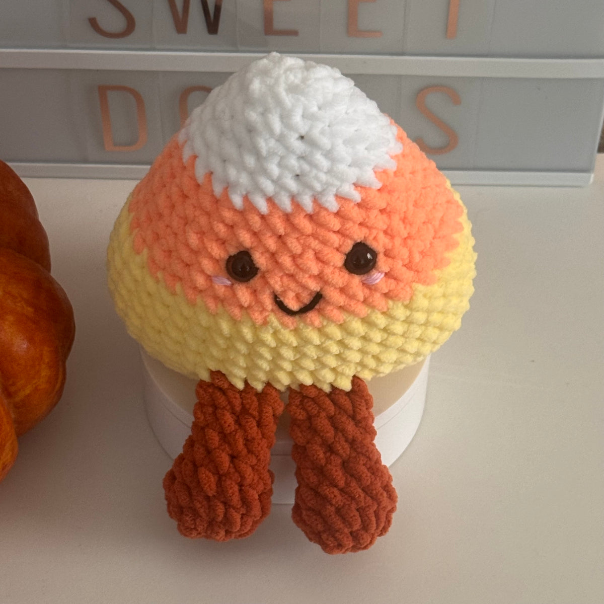 Plush Crochet Candy Corn Amigurumi Handmade Halloween Shelf Sitter Decor