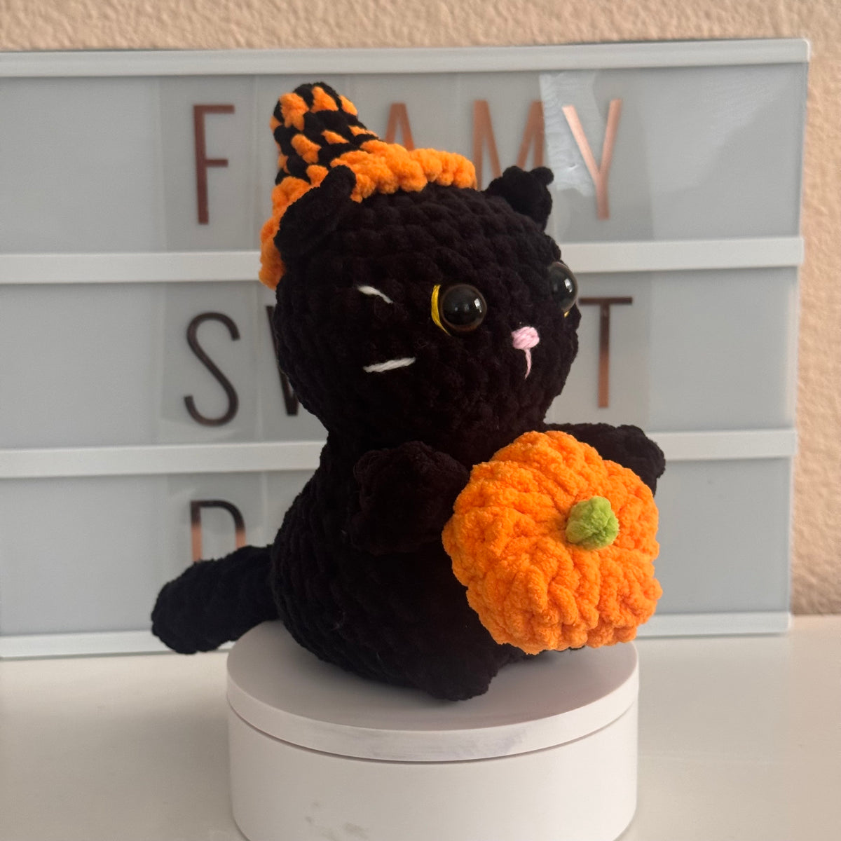 Plush Crochet Black Cat with Pumpkin Halloween Amigurumi Plushie