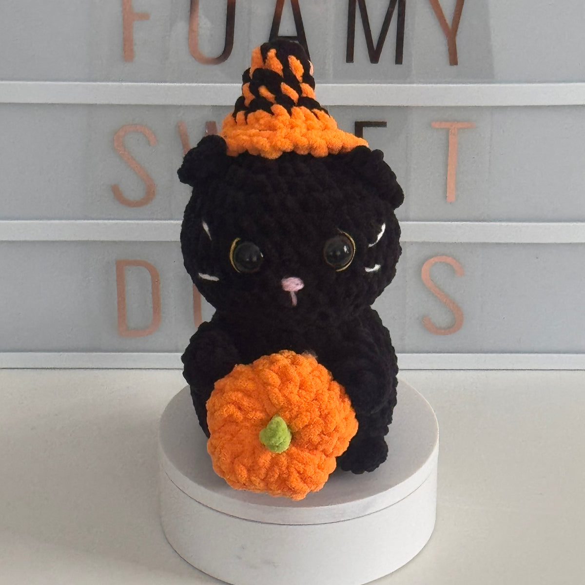 Plush Crochet Black Cat with Pumpkin Halloween Amigurumi Plushie