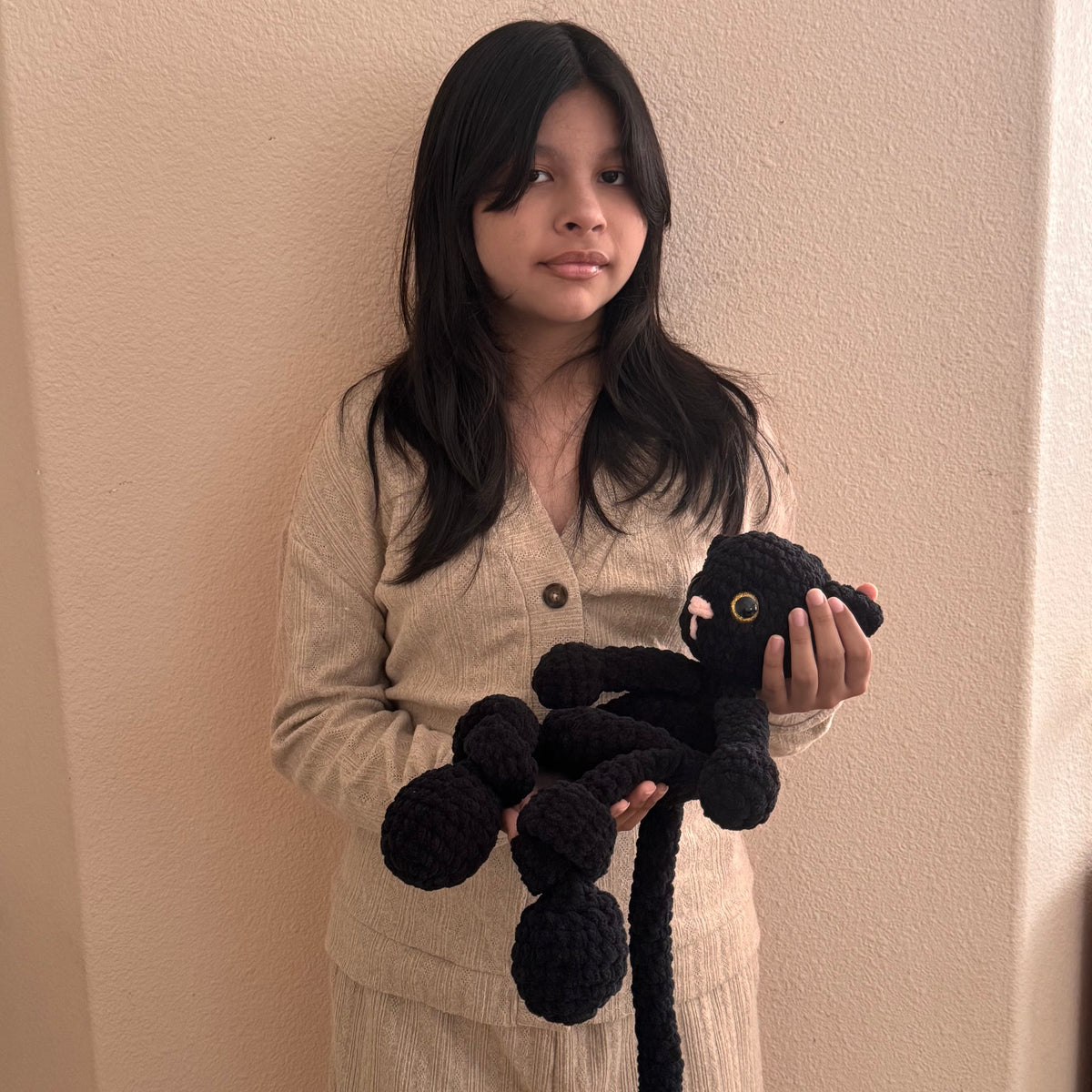 16" Soft Crochet Black Cat Snuggler Plushie Lightweight Handmade Amigurumi Lovey for Kids & Toddlers