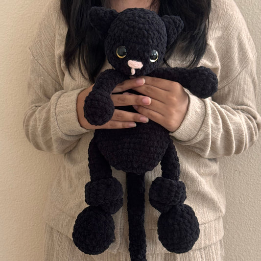 16" Soft Crochet Black Cat Snuggler Plushie Lightweight Handmade Amigurumi Lovey for Kids & Toddlers