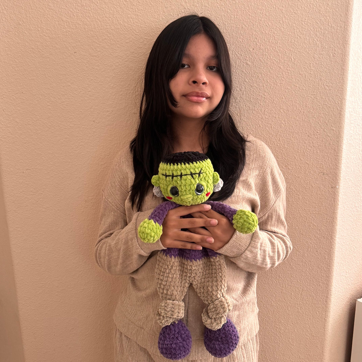 16.5" Soft Crochet Frankenstein Snuggler Plushie Lightweight Handmade Frankie Amigurumi Lovey for Kids & Toddlers