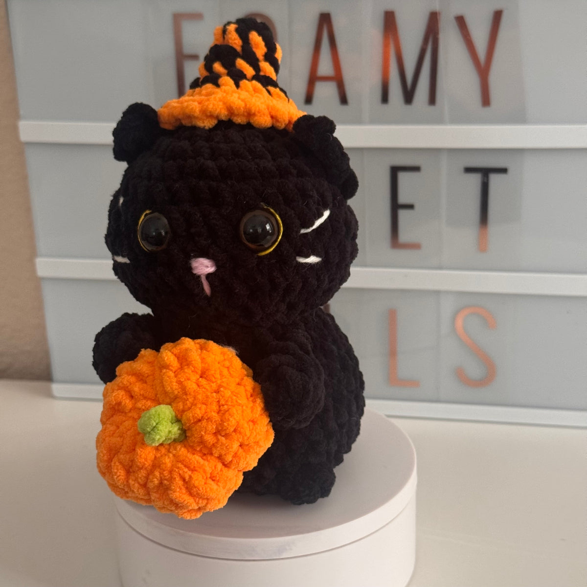 Plush Crochet Black Cat with Pumpkin Halloween Amigurumi Plushie