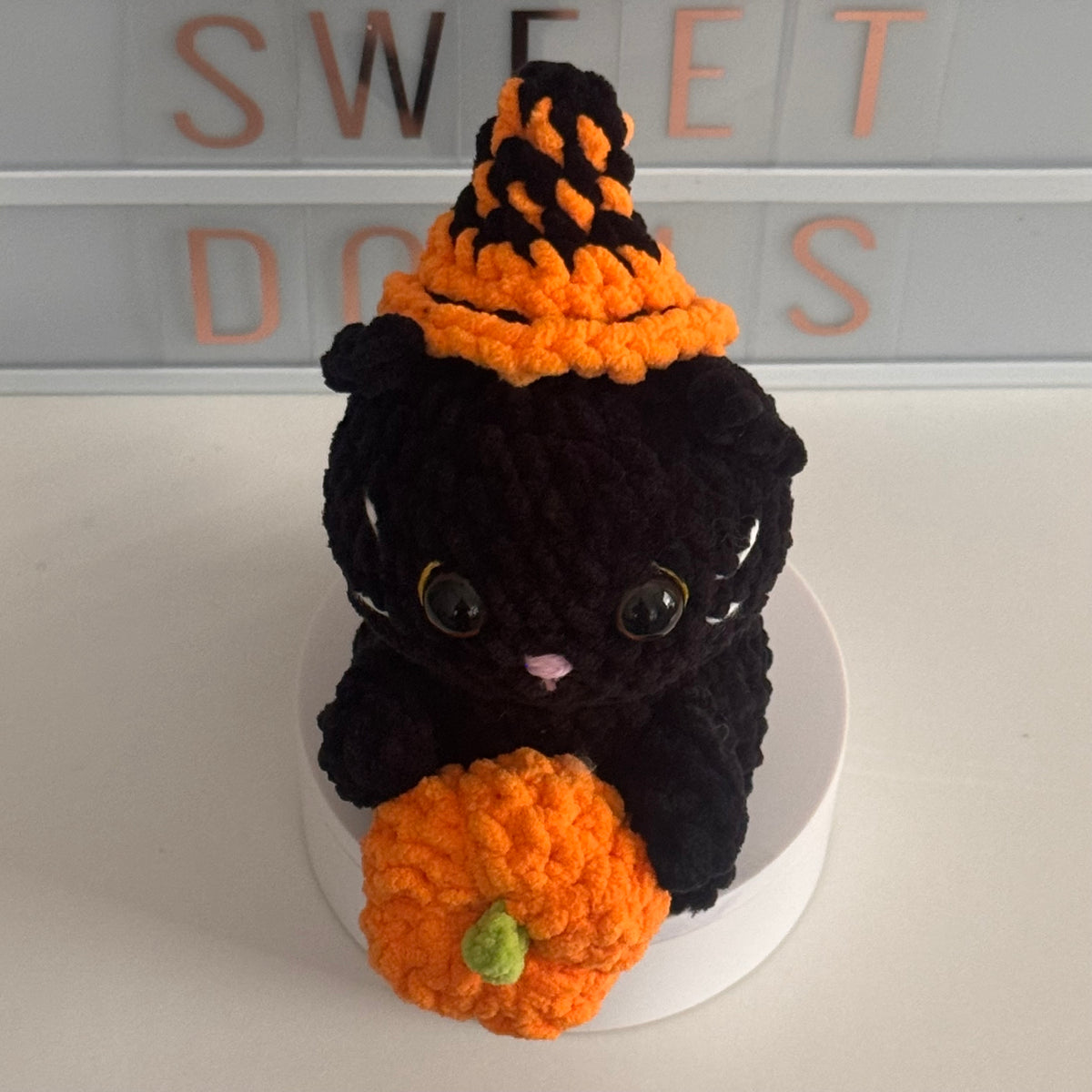 Plush Crochet Black Cat with Pumpkin Halloween Amigurumi Plushie