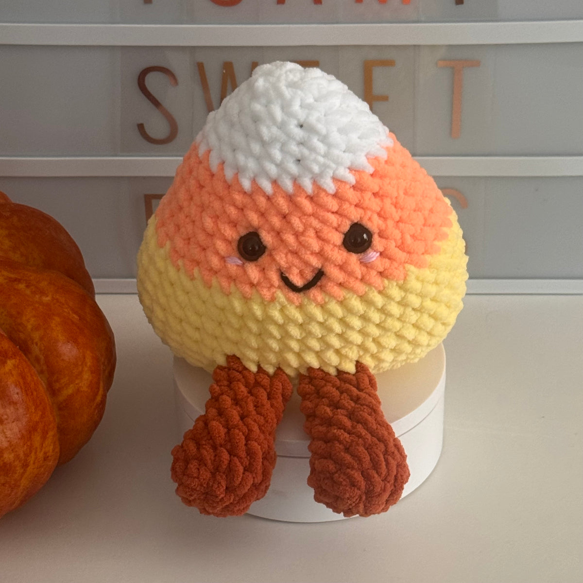 Plush Crochet Candy Corn Amigurumi Handmade Halloween Shelf Sitter Decor
