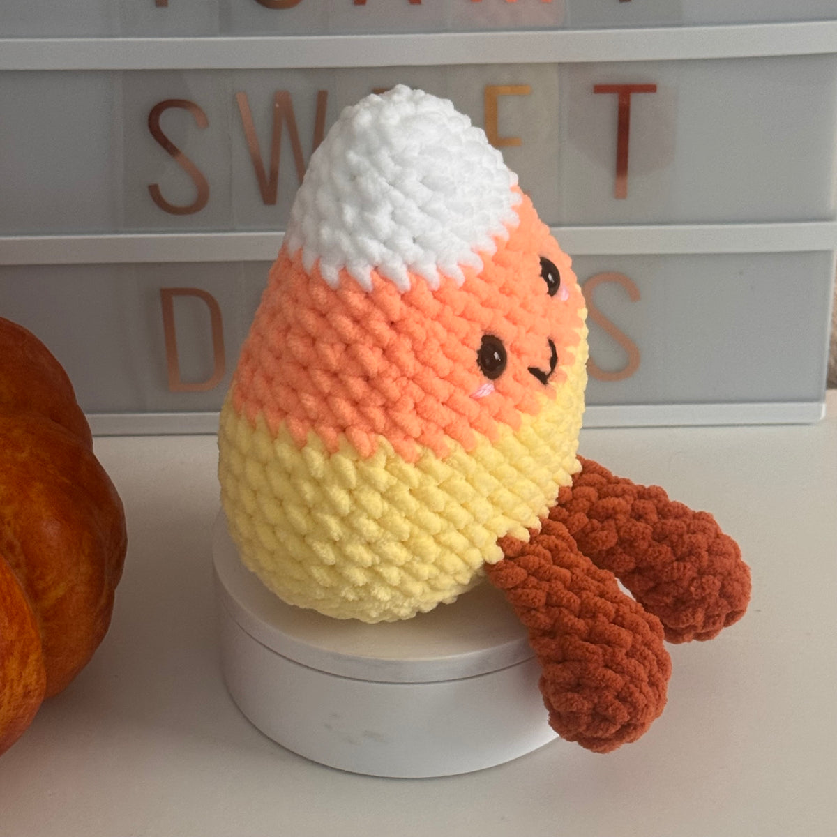 Plush Crochet Candy Corn Amigurumi Handmade Halloween Shelf Sitter Decor