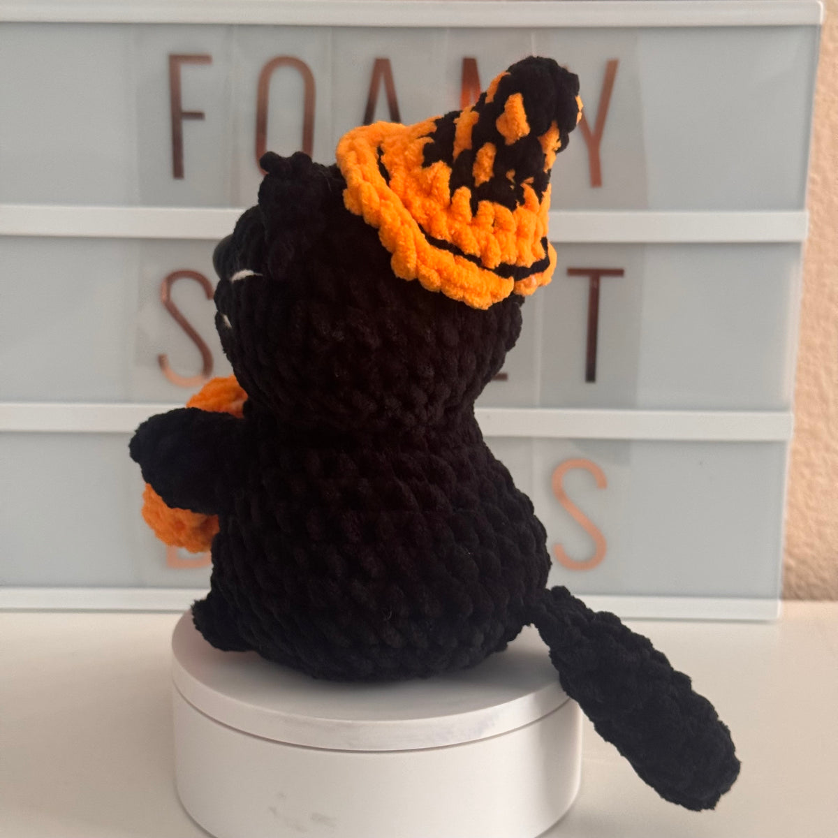 Plush Crochet Black Cat with Pumpkin Halloween Amigurumi Plushie