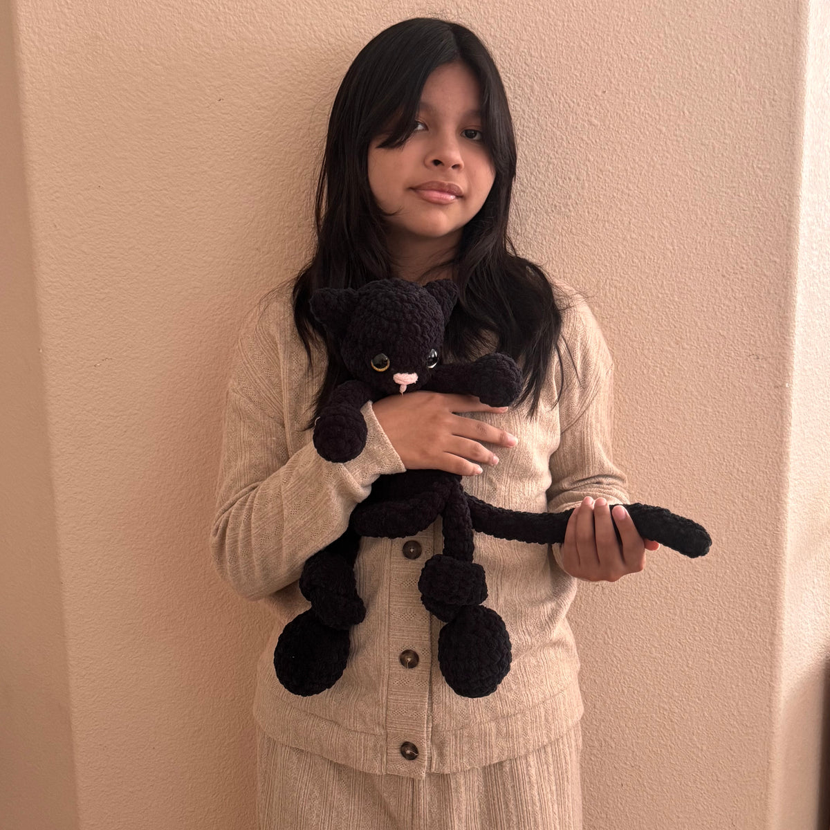 16" Soft Crochet Black Cat Snuggler Plushie Lightweight Handmade Amigurumi Lovey for Kids & Toddlers