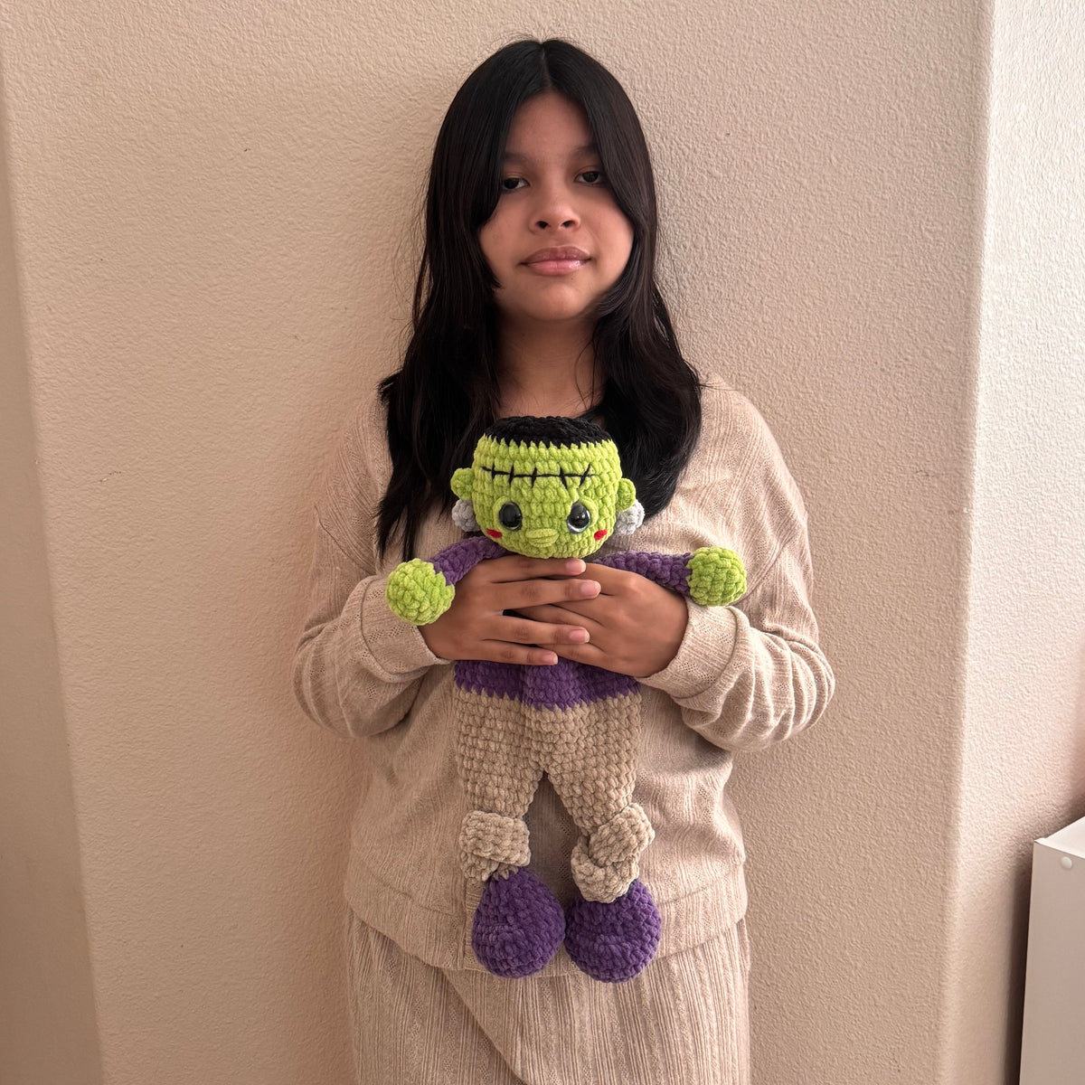 16.5" Soft Crochet Frankenstein Snuggler Plushie Lightweight Handmade Frankie Amigurumi Lovey for Kids & Toddlers