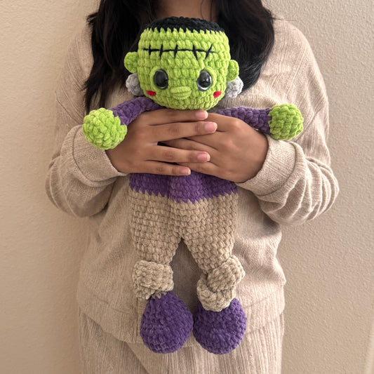 16.5" Soft Crochet Frankenstein Snuggler Plushie Lightweight Handmade Frankie Amigurumi Lovey for Kids & Toddlers