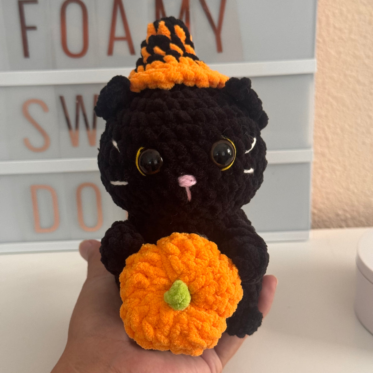 Plush Crochet Black Cat with Pumpkin Halloween Amigurumi Plushie