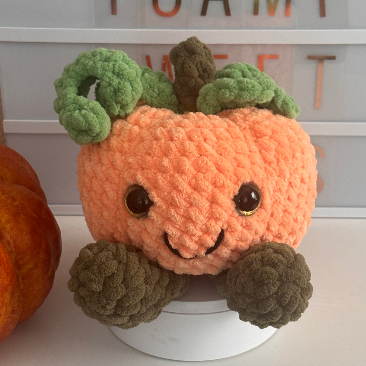 Super Soft Plush Crochet Smiling Pumpkin Stuffed Toy Handmade Fall & Thanksgiving Decor Amigurumi