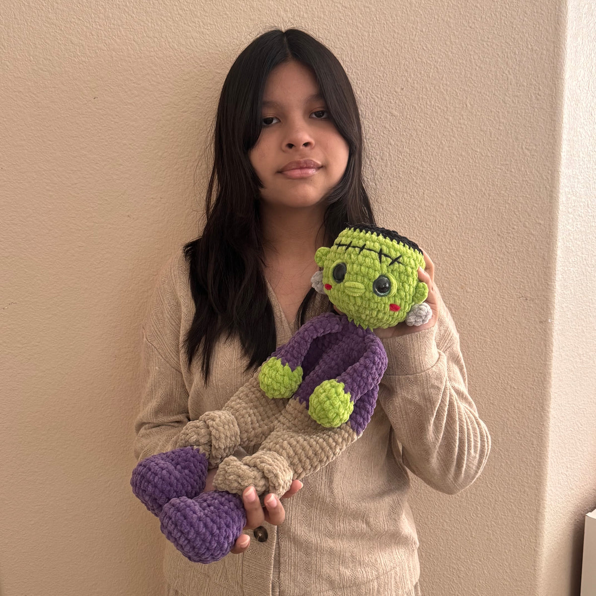 16.5" Soft Crochet Frankenstein Snuggler Plushie Lightweight Handmade Frankie Amigurumi Lovey for Kids & Toddlers