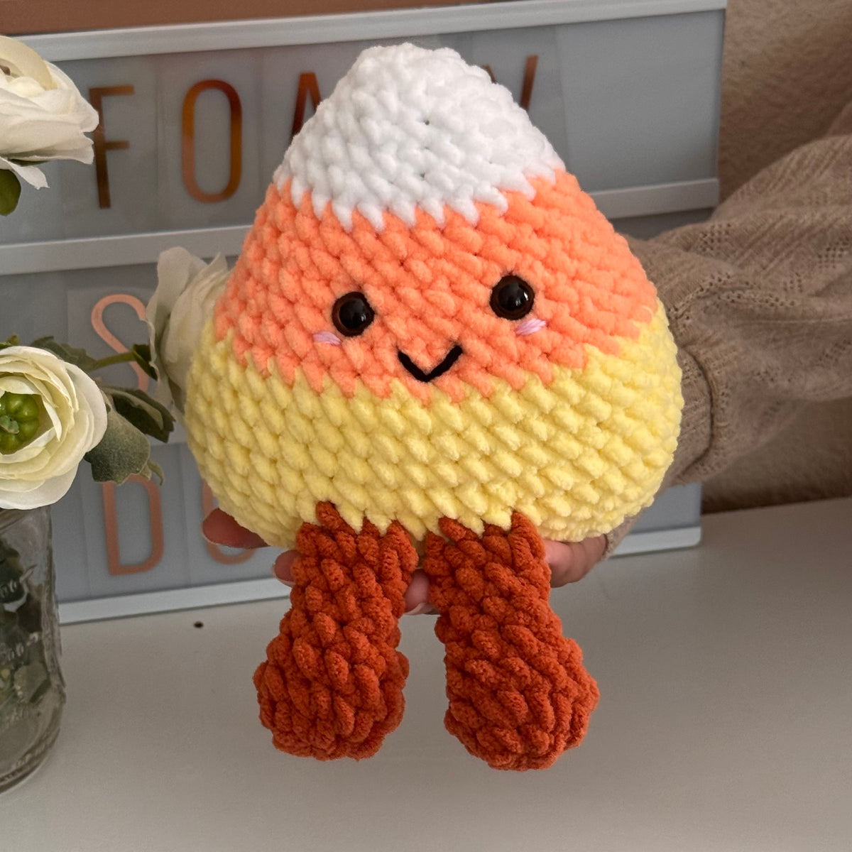 Plush Crochet Candy Corn Amigurumi Handmade Halloween Shelf Sitter Decor